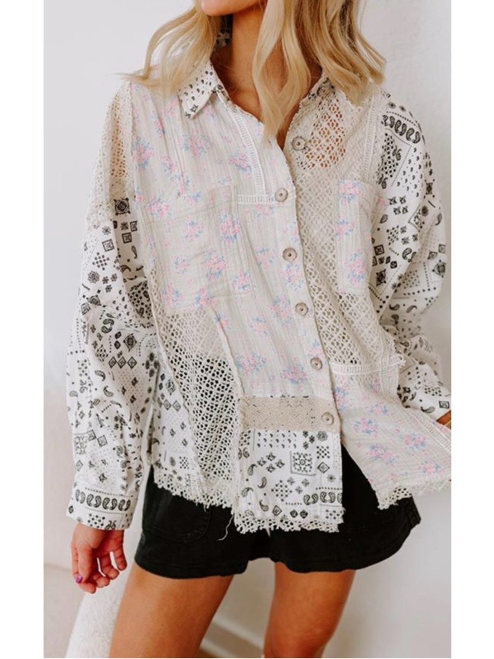 POL Lace Cotton Patchwork Gauze Button Up Oversized Bandana Print Shirt Medium